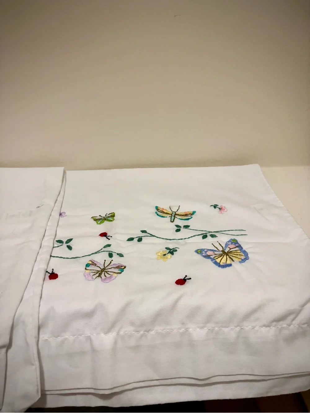 Vintage Embroidered White Standard Pillowcases Butterflies In Flight by Bucilla